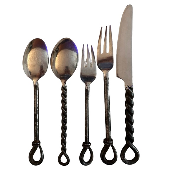 Hand Forged Cutlery Set (set of 5) Silver-tone Twisted Handles Antique - Picture 2 of 4